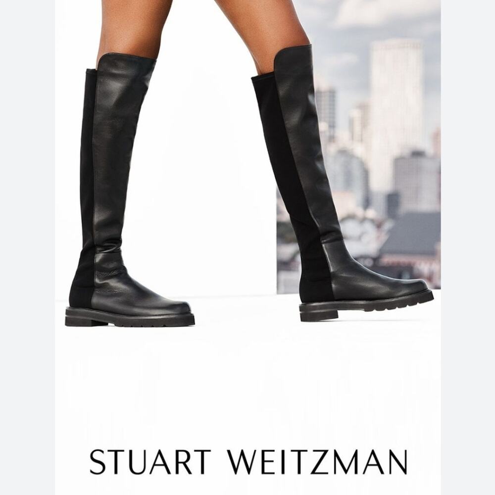 NWT$850 Stuart Weitzman 50/50 Black Leather Stretch Over-The-Knee Boots 6.5, 37